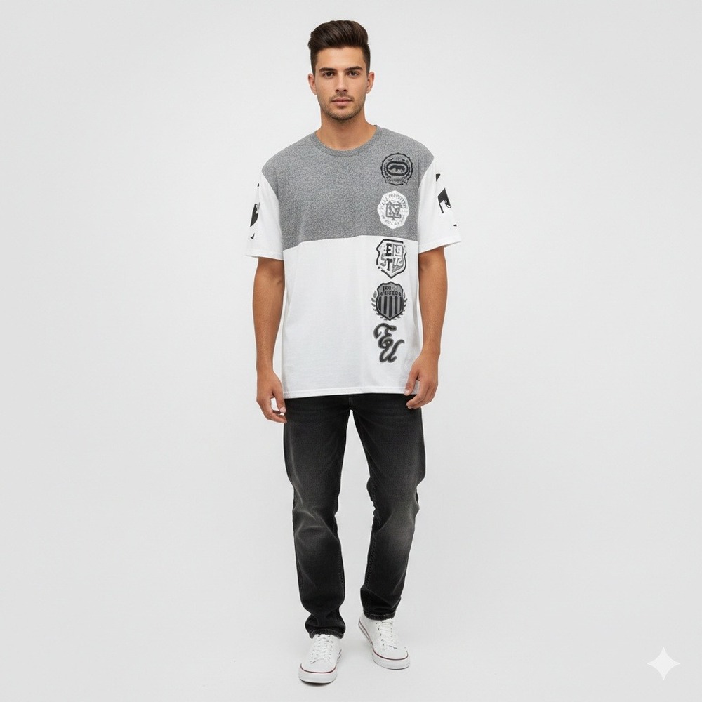 Ecko Unltd Mens‎ Colorblock Graphic T-Shirt Grey White Rhino Crest Streetwear